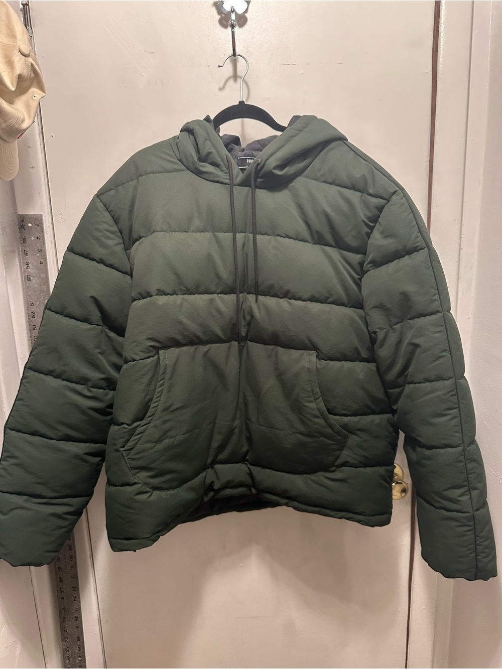 Forever 21 Men Olive Green Hooded Puffer Jacket XL Oversized Drawstring